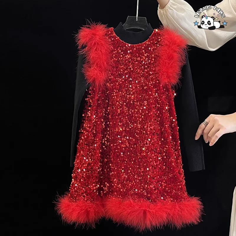 LEZONKIDS - Hot Sales Velvet Autumn Girls Vest Dress Sequin Print Feather Decoration Princess Girls Dress